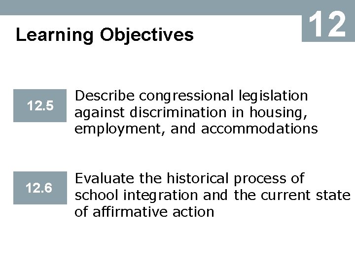 Learning Objectives 12 12. 5 Describe congressional legislation against discrimination in housing, employment, and