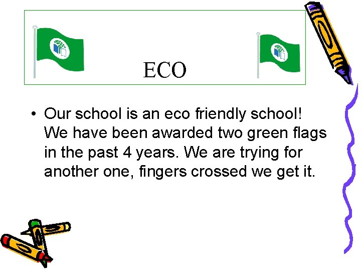 ECO • Our school is an eco friendly school! We have been awarded two