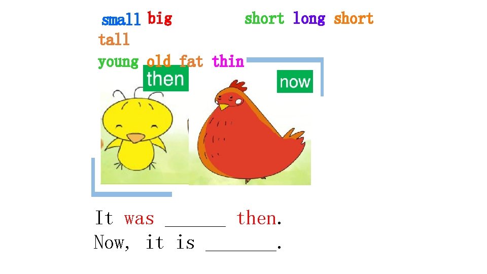short long short small big tall young old fat thin It was ______ then.