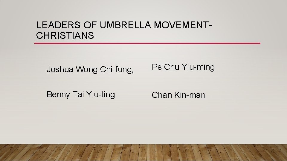 LEADERS OF UMBRELLA MOVEMENTCHRISTIANS Joshua Wong Chi-fung, Ps Chu Yiu-ming Benny Tai Yiu-ting Chan