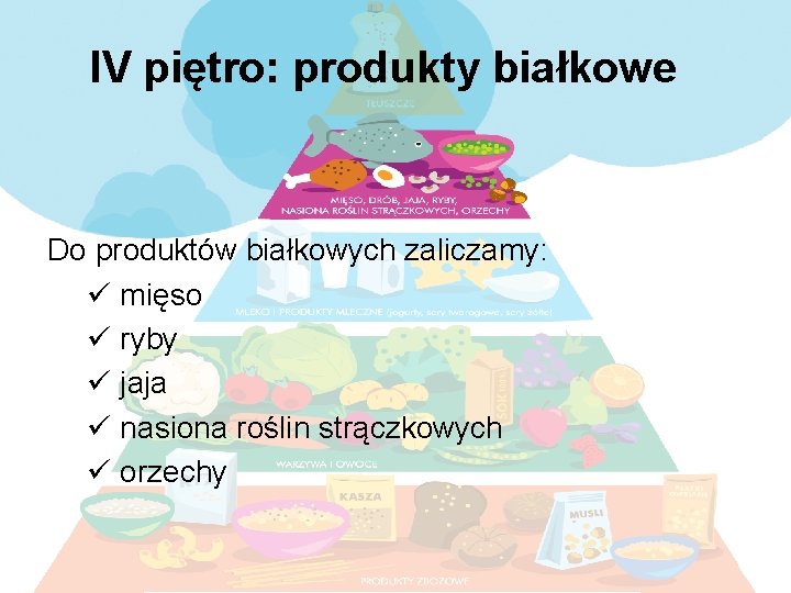 IV piętro: produkty białkowe Do produktów białkowych zaliczamy: ü mięso ü ryby ü jaja