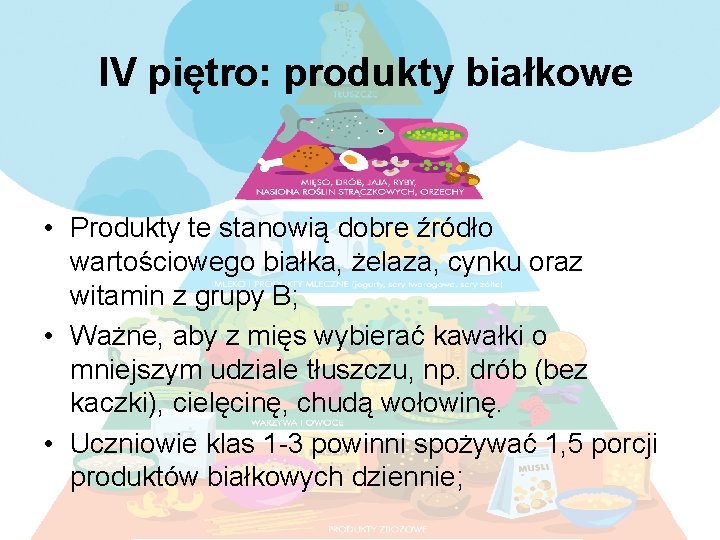 IV piętro: produkty białkowe • Produkty te stanowią dobre źródło wartościowego białka, żelaza, cynku