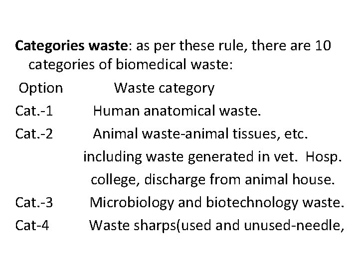 Categories waste: as per these rule, there are 10 categories of biomedical waste: Option