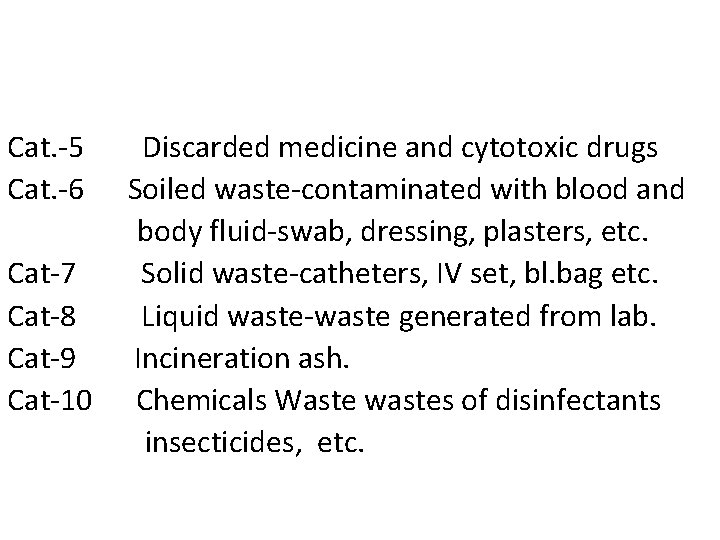 Cat. -5 Cat. -6 Cat-7 Cat-8 Cat-9 Cat-10 Discarded medicine and cytotoxic drugs Soiled