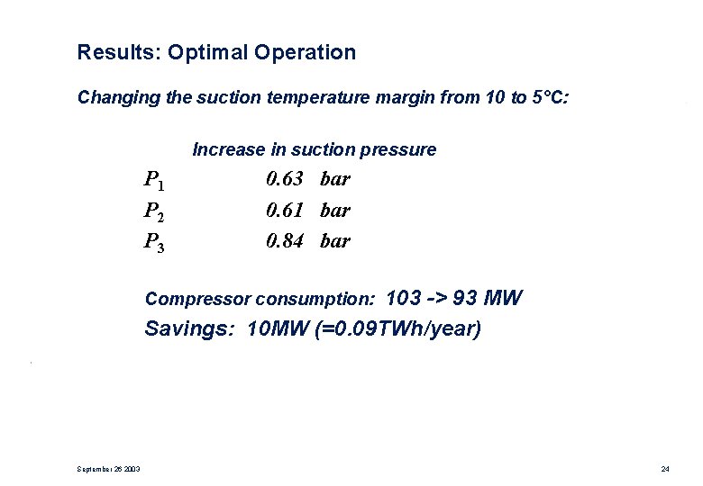 Results: Optimal Operation Changing the suction temperature margin from 10 to 5°C: Increase in