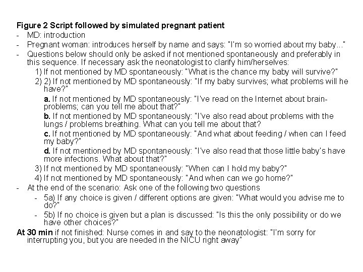 Figure 2 Script followed by simulated pregnant patient - MD: introduction - Pregnant woman: