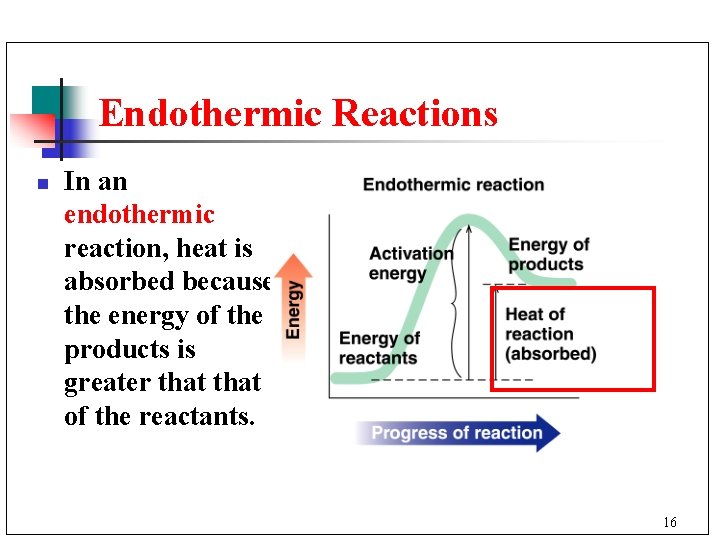 Endothermic Reactions n In an endothermic reaction, heat is absorbed because the energy of
