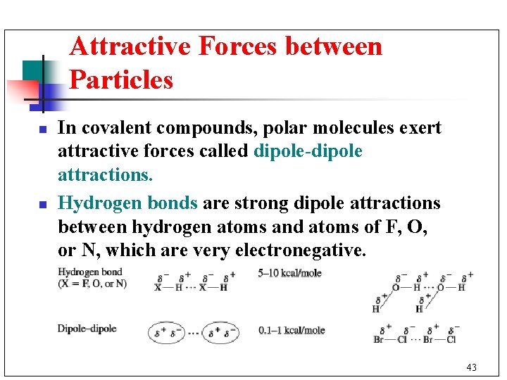 Attractive Forces between Particles n n In covalent compounds, polar molecules exert attractive forces