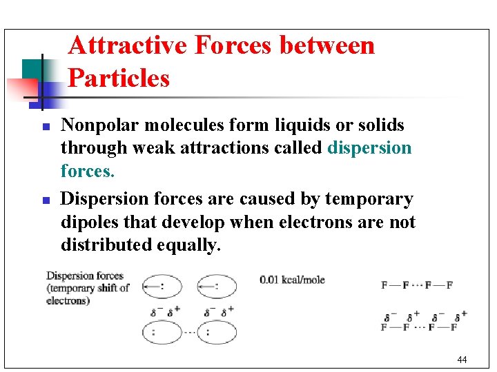 Attractive Forces between Particles n n Nonpolar molecules form liquids or solids through weak