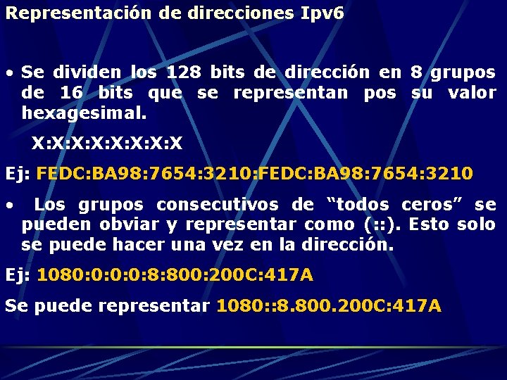 Representación de direcciones Ipv 6 • Se dividen los 128 bits de dirección en