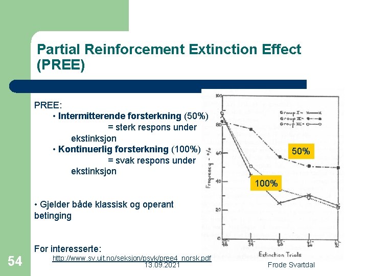 Partial Reinforcement Extinction Effect (PREE) PREE: • Intermitterende forsterkning (50%) = sterk respons under