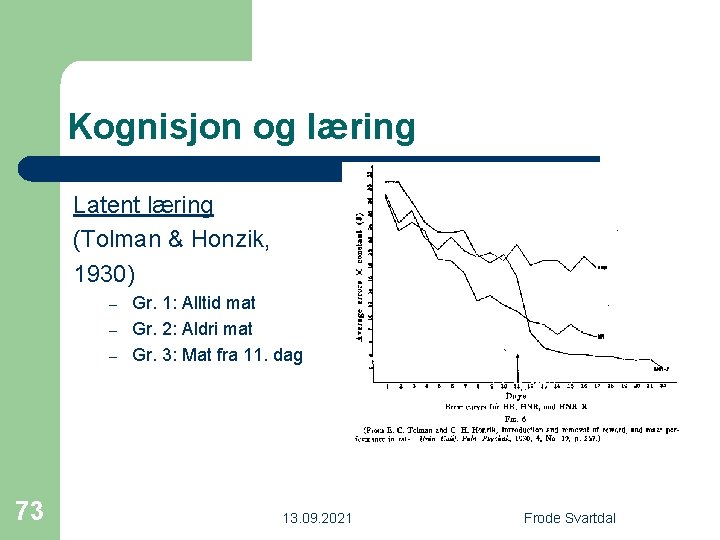 Kognisjon og læring Latent læring (Tolman & Honzik, 1930) – – – 73 Gr.