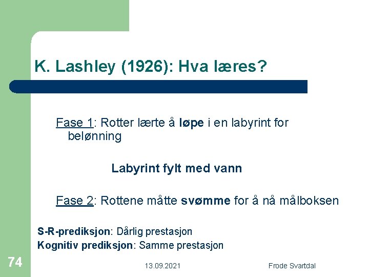 K. Lashley (1926): Hva læres? Fase 1: Rotter lærte å løpe i en labyrint