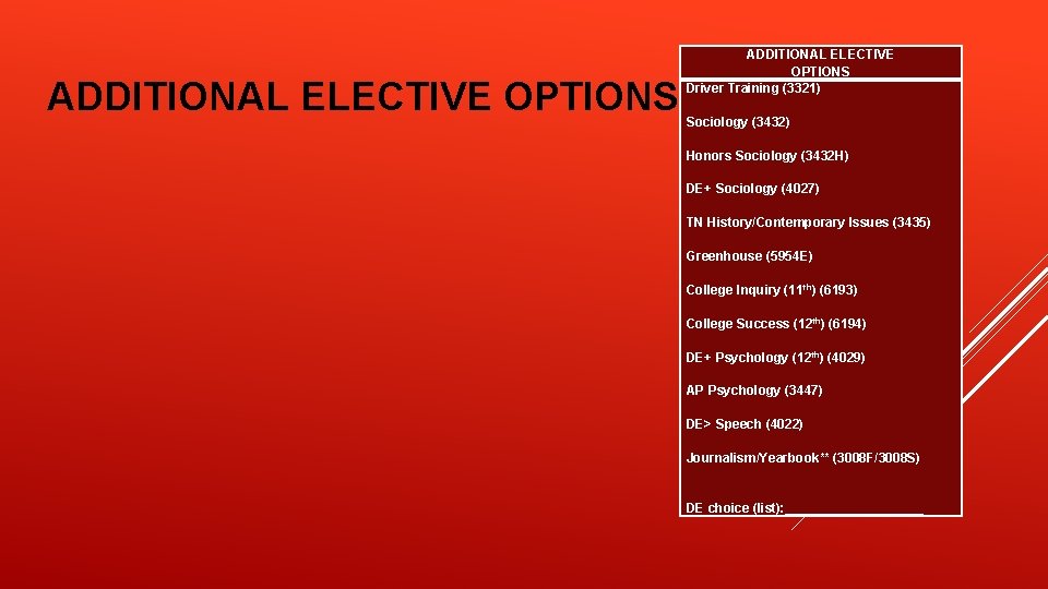 ADDITIONAL ELECTIVE OPTIONS Driver Training (3321) Sociology (3432) Honors Sociology (3432 H) DE+ Sociology