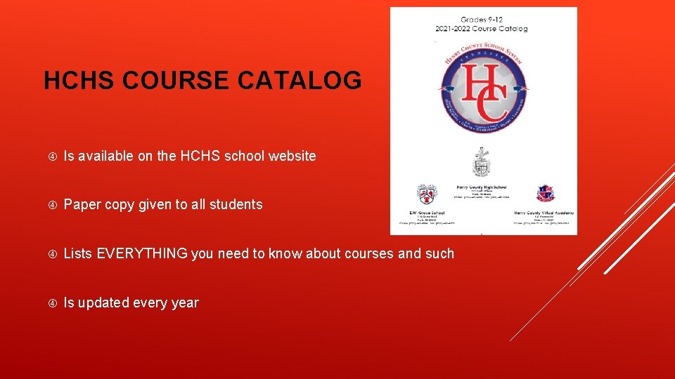 HCHS COURSE CATALOG Is available on the HCHS school website Paper copy given to