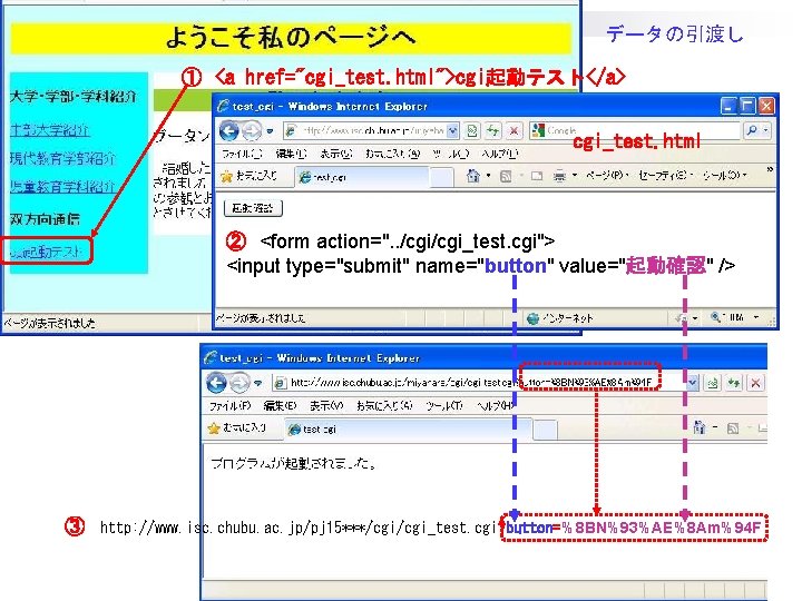 データの引渡し ① <a href="cgi_test. html">cgi起動テスト</a> cgi_test. html ② <form action=". . /cgi_test. cgi"> <input