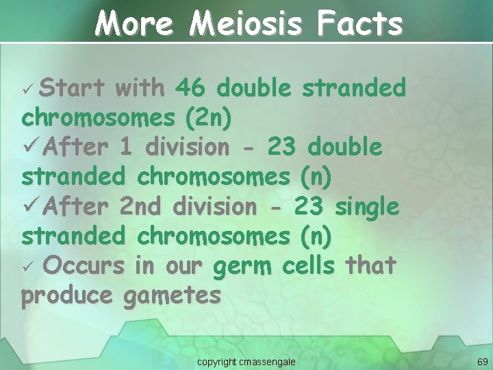 More Meiosis Facts ü Start with 46 double stranded chromosomes (2 n) üAfter 1