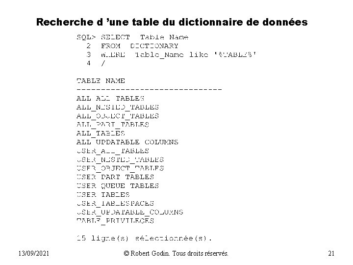 Recherche d ’une table du dictionnaire de données 13/09/2021 © Robert Godin. Tous droits Recherche d ’une table du dictionnaire de données 13/09/2021 © Robert Godin. Tous droits
