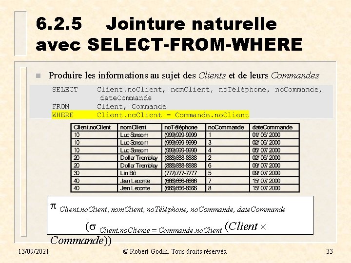 6. 2. 5 Jointure naturelle avec SELECT-FROM-WHERE n Produire les informations au sujet des 6. 2. 5 Jointure naturelle avec SELECT-FROM-WHERE n Produire les informations au sujet des