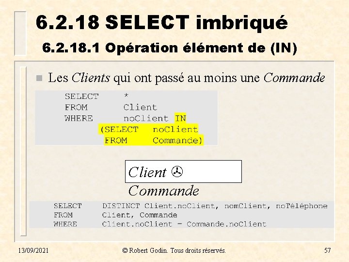 6. 2. 18 SELECT imbriqué 6. 2. 18. 1 Opération élément de (IN) n 6. 2. 18 SELECT imbriqué 6. 2. 18. 1 Opération élément de (IN) n
