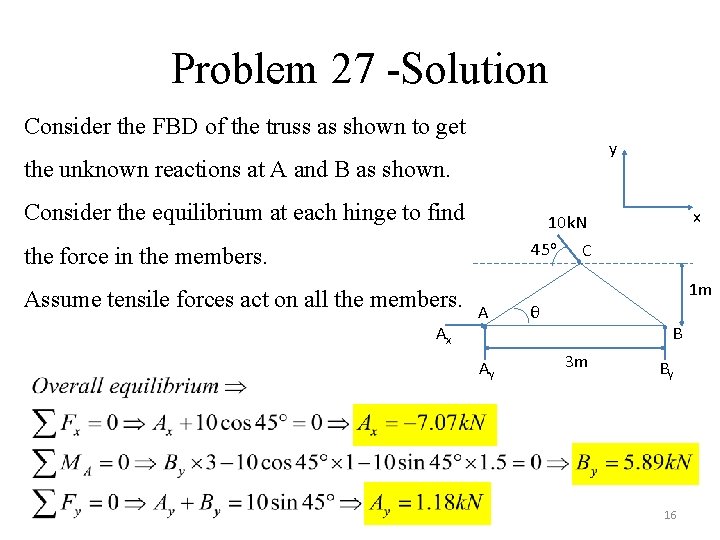 Problem 27 -Solution Consider the FBD of the truss as shown to get y