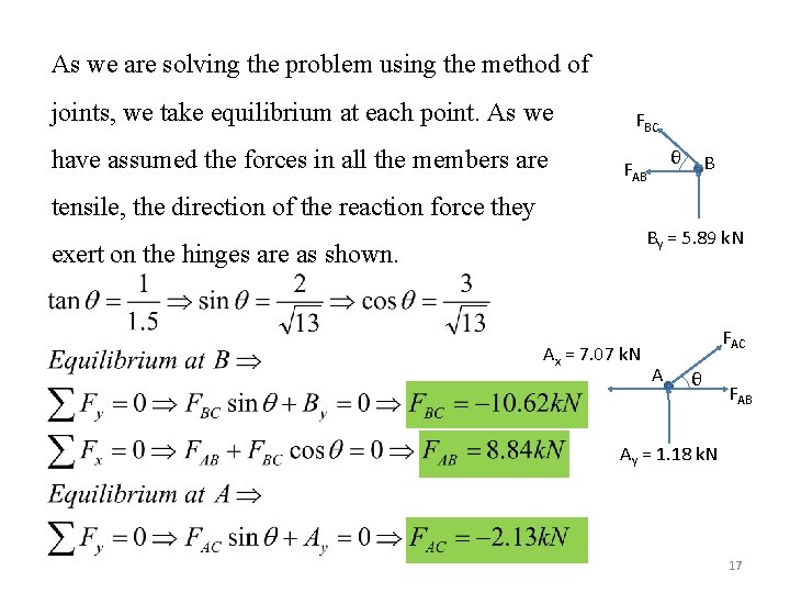 As we are solving the problem using the method of joints, we take equilibrium