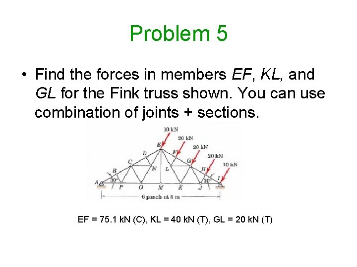 Problem 5 • Find the forces in members EF, KL, and GL for the