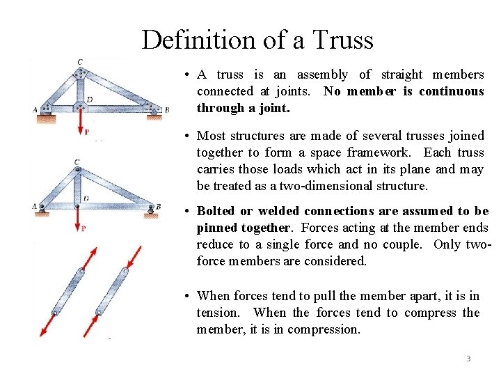 Definition of a Truss • A truss is an assembly of straight members connected