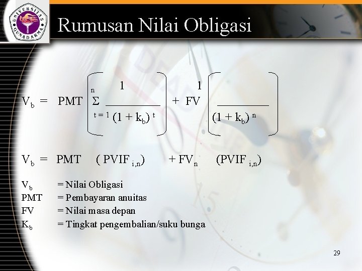 Rumusan Nilai Obligasi 1 n Vb = PMT t= 1 Vb = PMT Vb