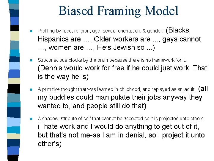 Biased Framing Model (Blacks, Hispanics are …, Older workers are. . . , gays