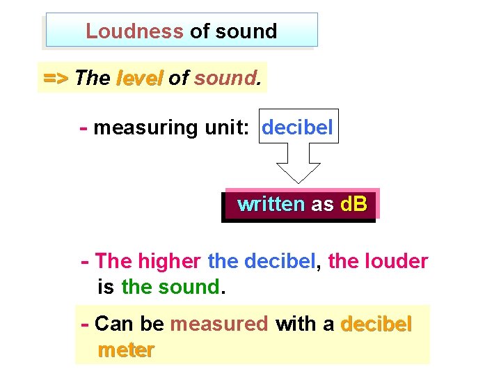 Loudness of sound => The level of sound. - measuring unit: decibel written as