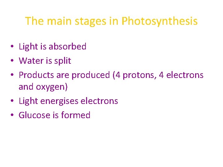 The main stages in Photosynthesis Light is absorbed Water is split Products are produced