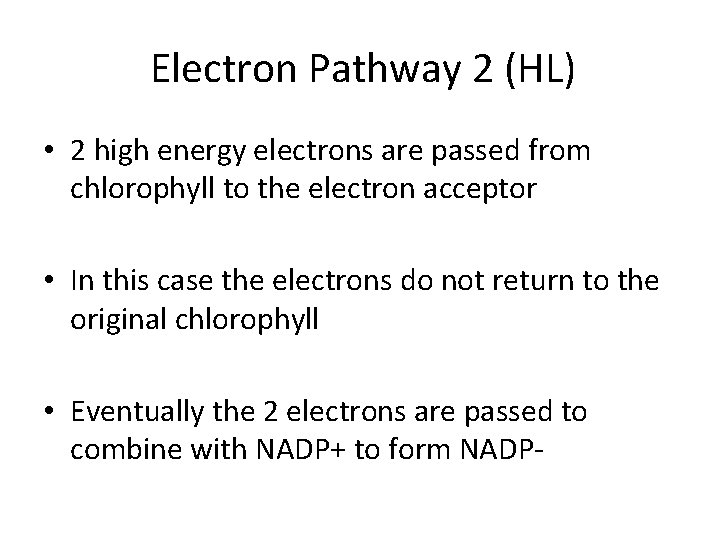Electron Pathway 2 (HL) • 2 high energy electrons are passed from chlorophyll to