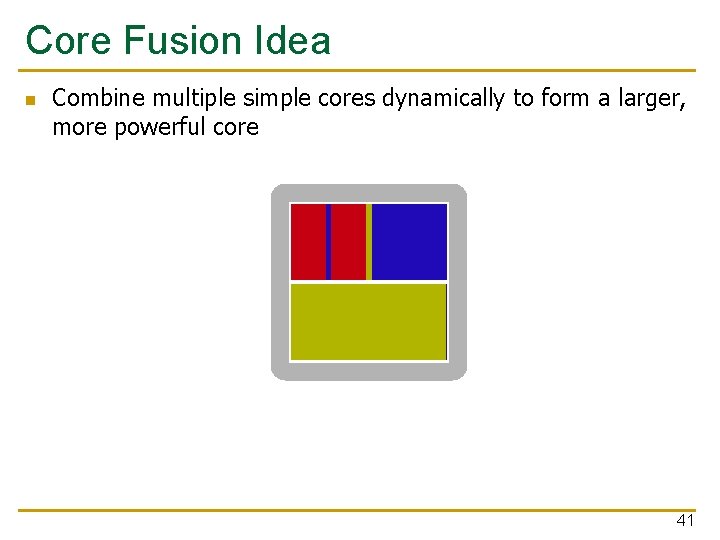 Core Fusion Idea n Combine multiple simple cores dynamically to form a larger, more