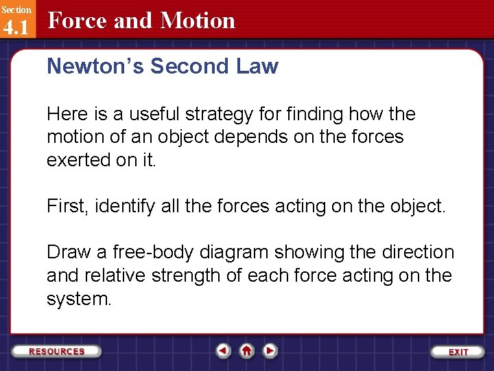 Section 4. 1 Force and Motion Newton’s Second Law Here is a useful strategy
