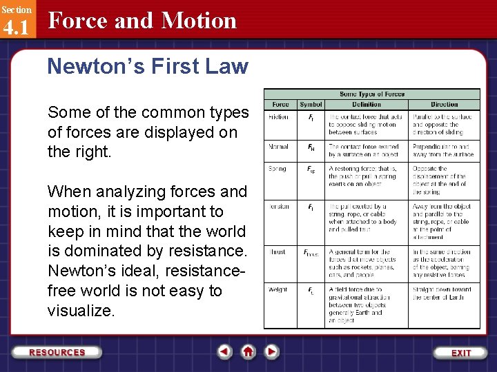 Section 4. 1 Force and Motion Newton’s First Law Some of the common types