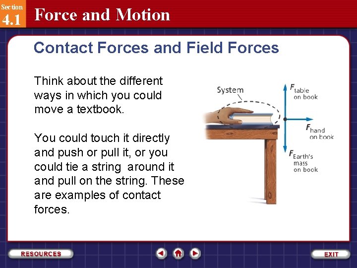 Section 4. 1 Force and Motion Contact Forces and Field Forces Think about the