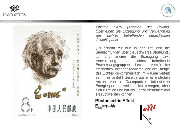 SQE 2005, Beijing, Nov. 23 -27 Einstein 1905 (Annalen der Physik): Über einen die