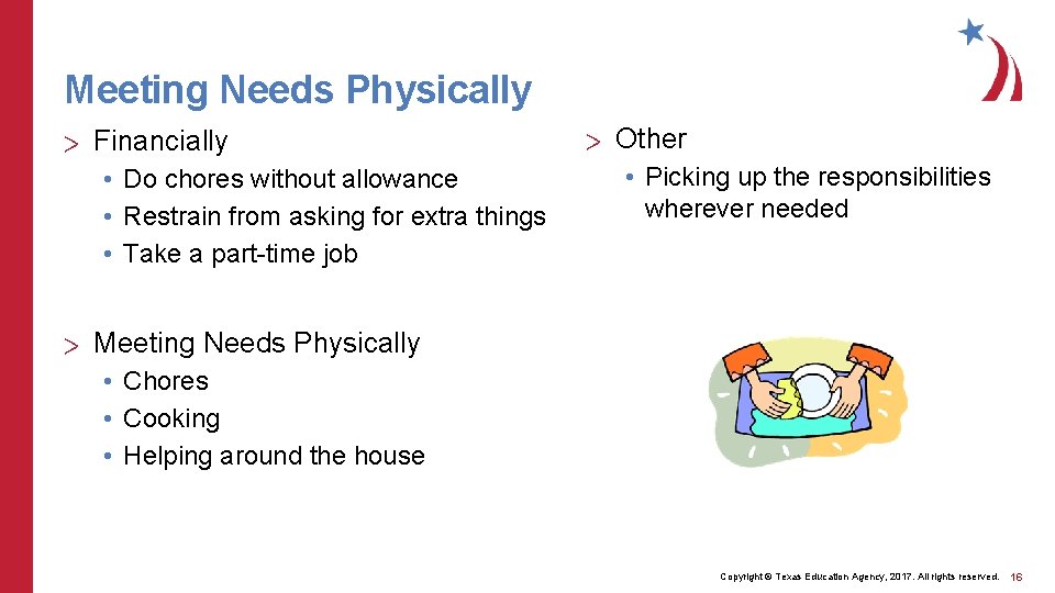 Meeting Needs Physically > Financially • Do chores without allowance • Restrain from asking