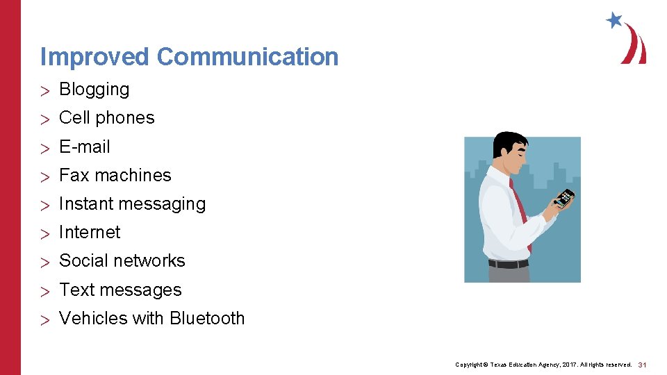 Improved Communication > Blogging > Cell phones > E-mail > Fax machines > Instant