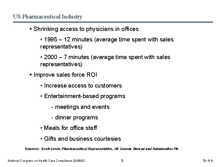 US Pharmaceutical Industry § Shrinking access to physicians in offices • 1995 – 12