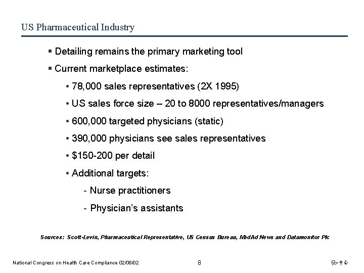 US Pharmaceutical Industry § Detailing remains the primary marketing tool § Current marketplace estimates: