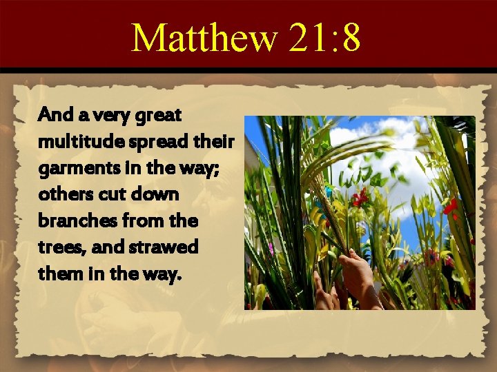 Matthew 21: 8 And a very great multitude spread their garments in the way;