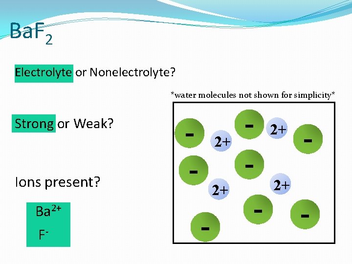 Ba. F 2 Electrolyte or Nonelectrolyte? *water molecules not shown for simplicity* Strong or