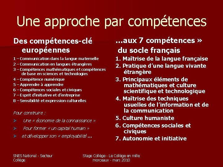Une approche par compétences Des compétences-clé européennes …aux 7 compétences » du socle français