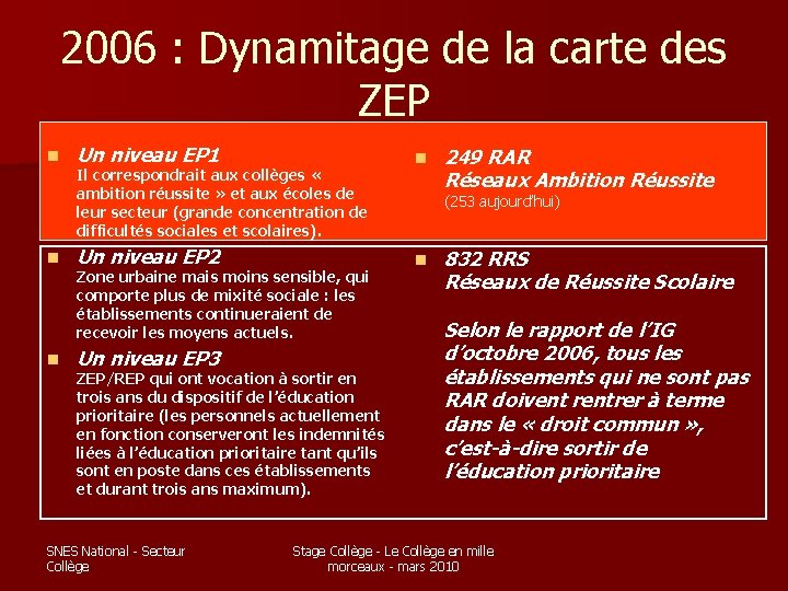 2006 : Dynamitage de la carte des ZEP n Un niveau EP 1 Il