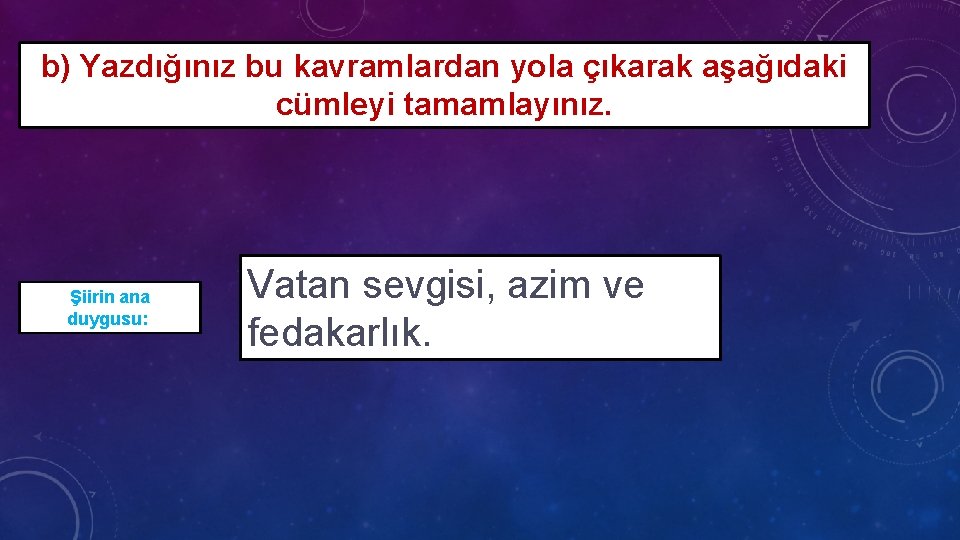 b) Yazdığınız bu kavramlardan yola çıkarak aşağıdaki cümleyi tamamlayınız. Şiirin ana duygusu: Vatan sevgisi,