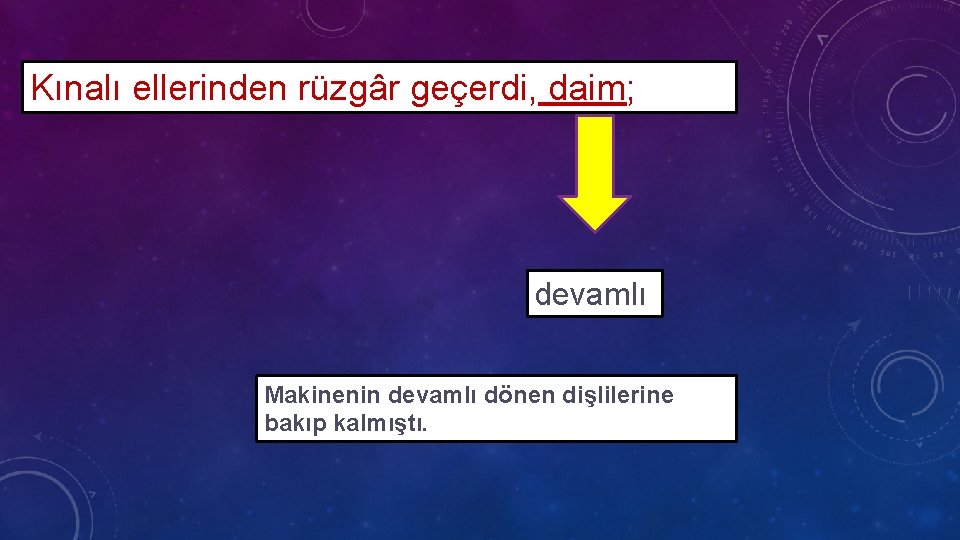 Kınalı ellerinden rüzgâr geçerdi, daim; devamlı Makinenin devamlı dönen dişlilerine bakıp kalmıştı. 