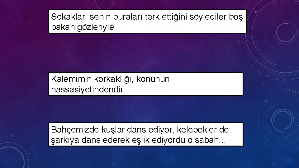 Sokaklar, senin buraları terk ettiğini söylediler boş bakan gözleriyle. Kalemimin korkaklığı, konunun hassasiyetindendir. Bahçemizde