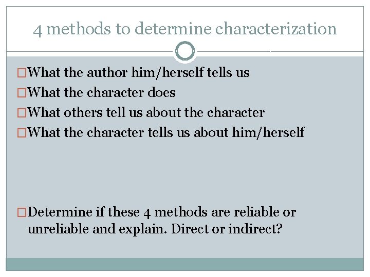 4 methods to determine characterization �What the author him/herself tells us �What the character